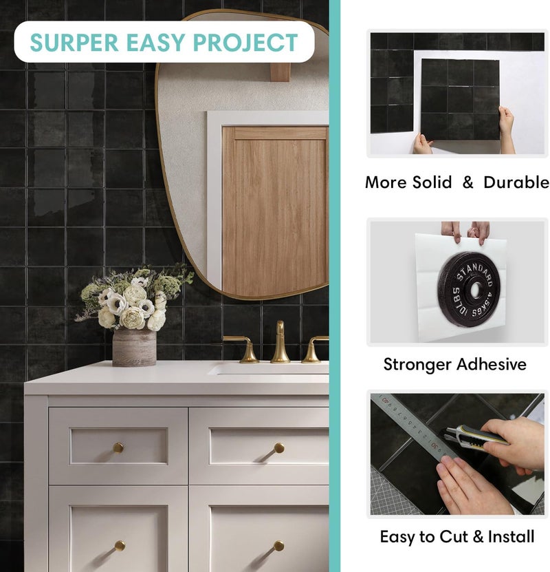 Commomy Thicker Black Peel and Stick Tiles - 10 pcs of 12" x 12" - 3D Adhesive Square Peel and Stick Tiles Backsplash for Kitchen, Bathroom, Removable, Waterproof, Vinyl Wall Tile - Image 4